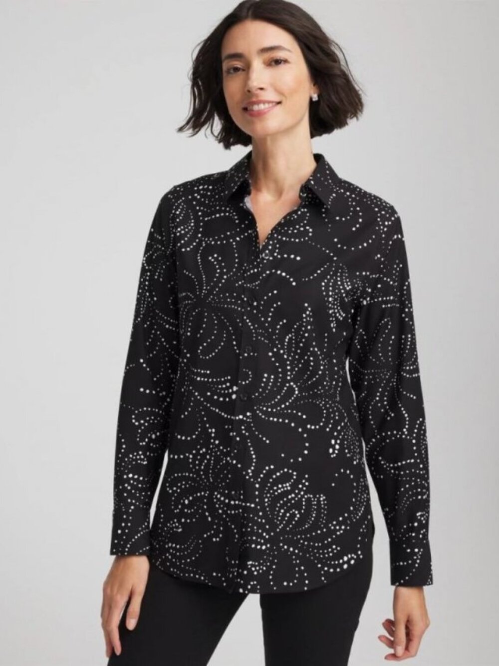 Chico's No Iron Findot Print Shirt NWT Black Polka Dot Sz 2.5 (L/14)